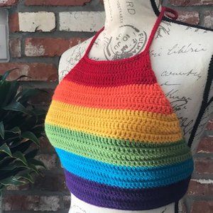 | Crocheted Rainbow Stripe Halter Top | Large